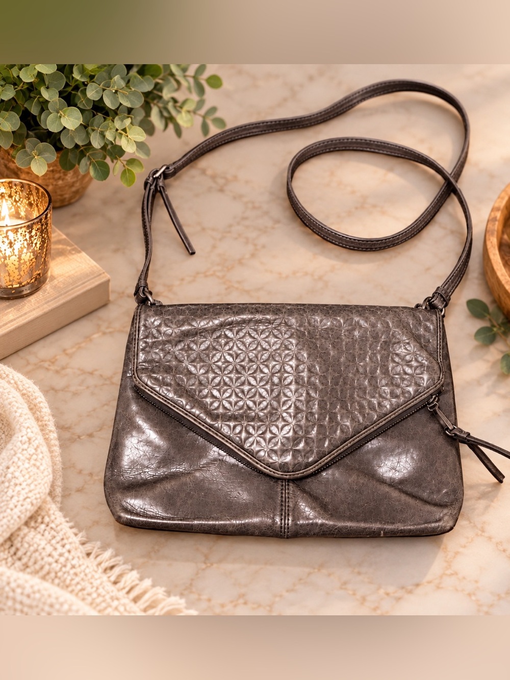 HOBO Taupe Gray Leather Embossed Flap Crossbody Bag #67
